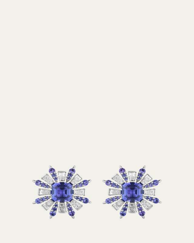 Retro Burst Platinum Tanzanite and Sapphire Stud Earrings with Diamonds